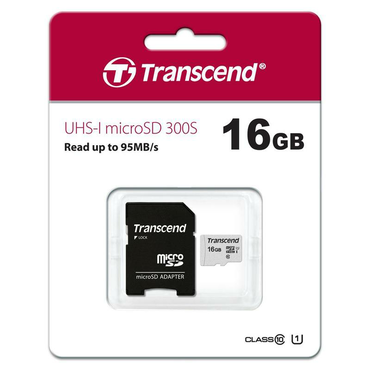 Карта памяти microSDHC [класс 10/UHS-I] 16 GB Transcend 300S+SD-адаптер (90/45 Mb/s) (TS16GUSD300S-A)